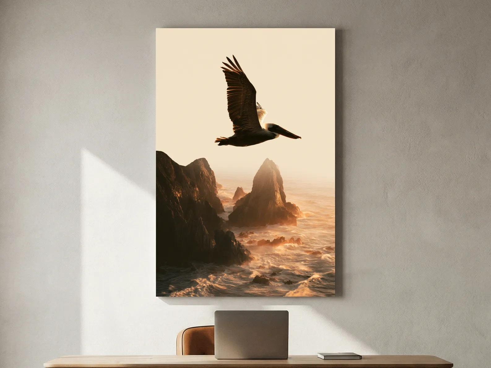 Golden Hour Pelican Flight - Dramatic Coastal Cliff Photographic Wall Art