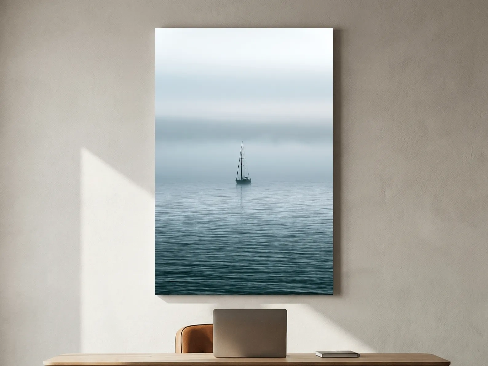 Misty Sailboat Horizon - Minimalist Photographic Ocean Wall Art