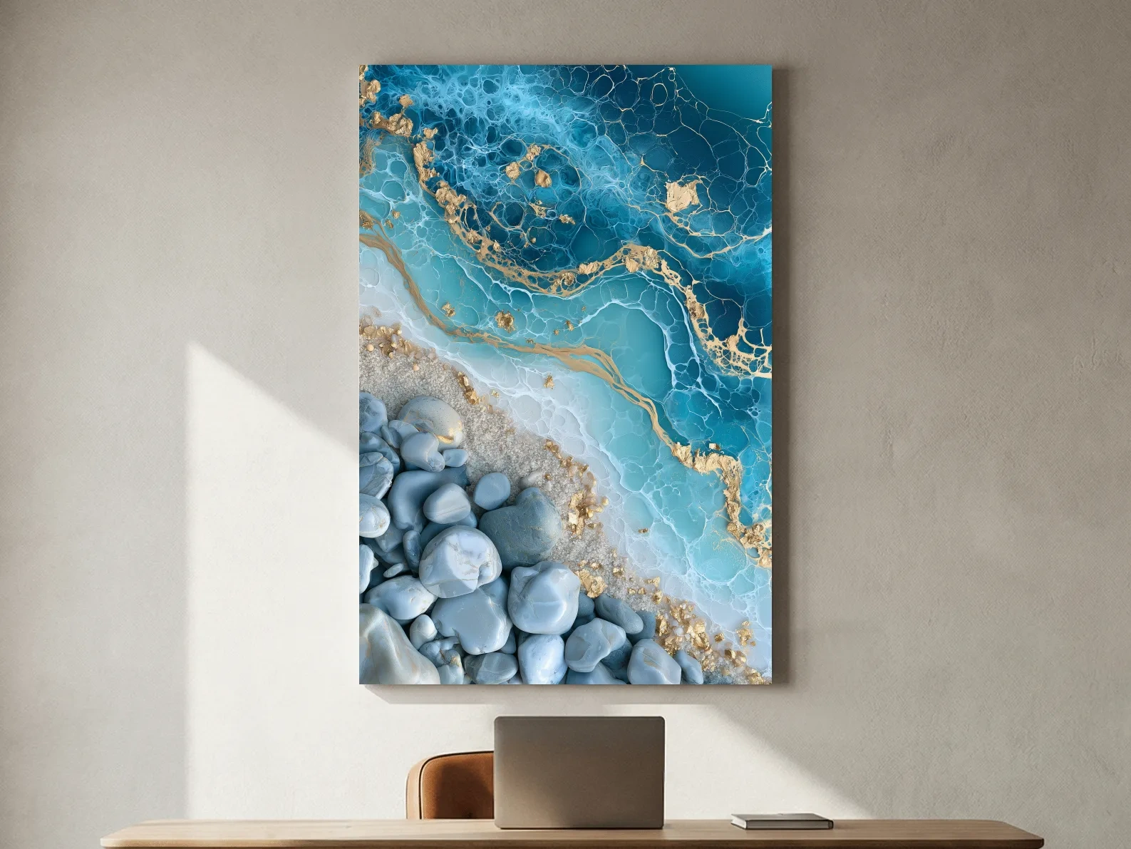 Pebble and Gold Resin Pour - Abstract Stone Wall Art