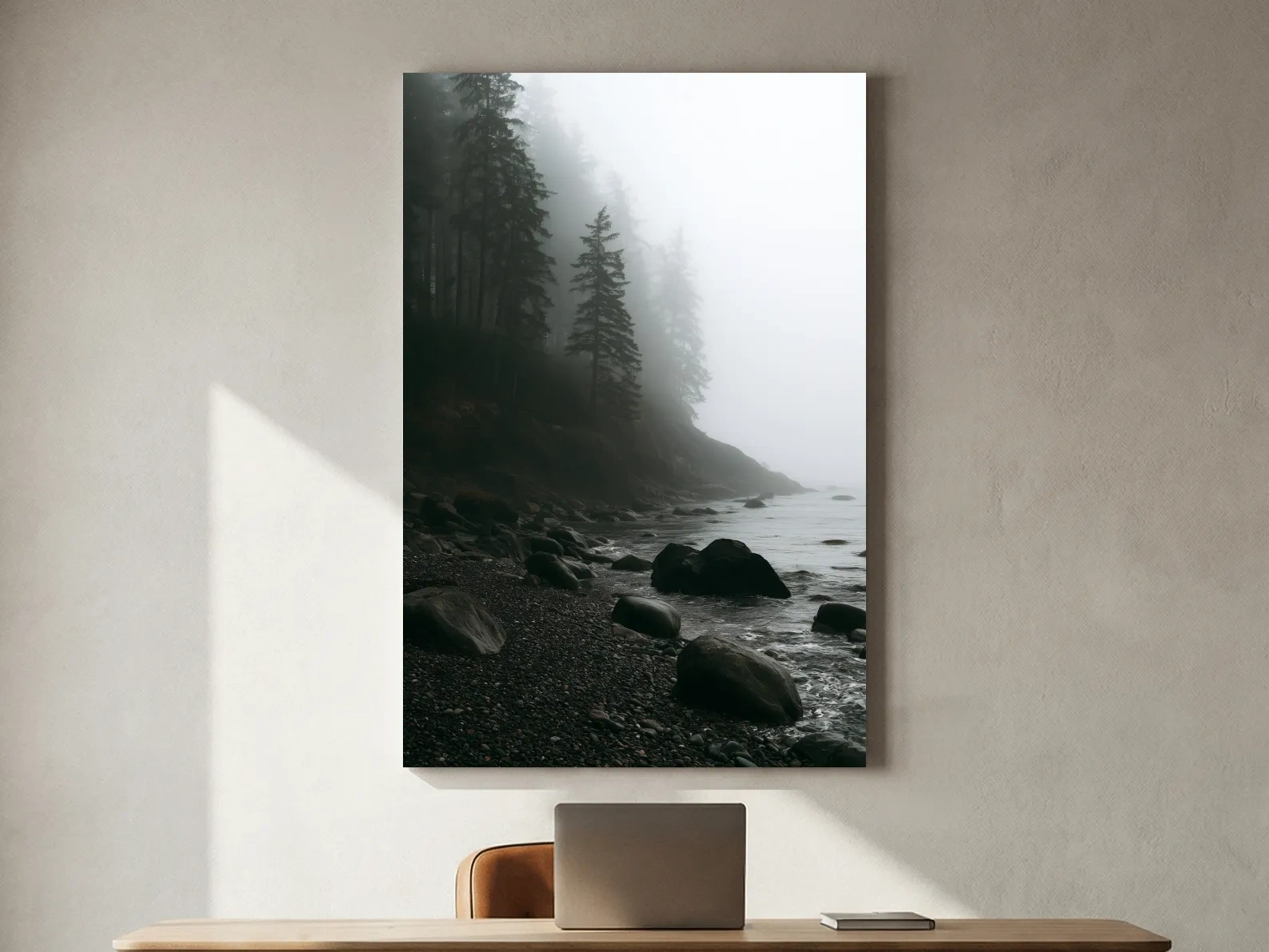 Misty Pebble Beach With Foggy Pines - Photographic Coastal Wall Art