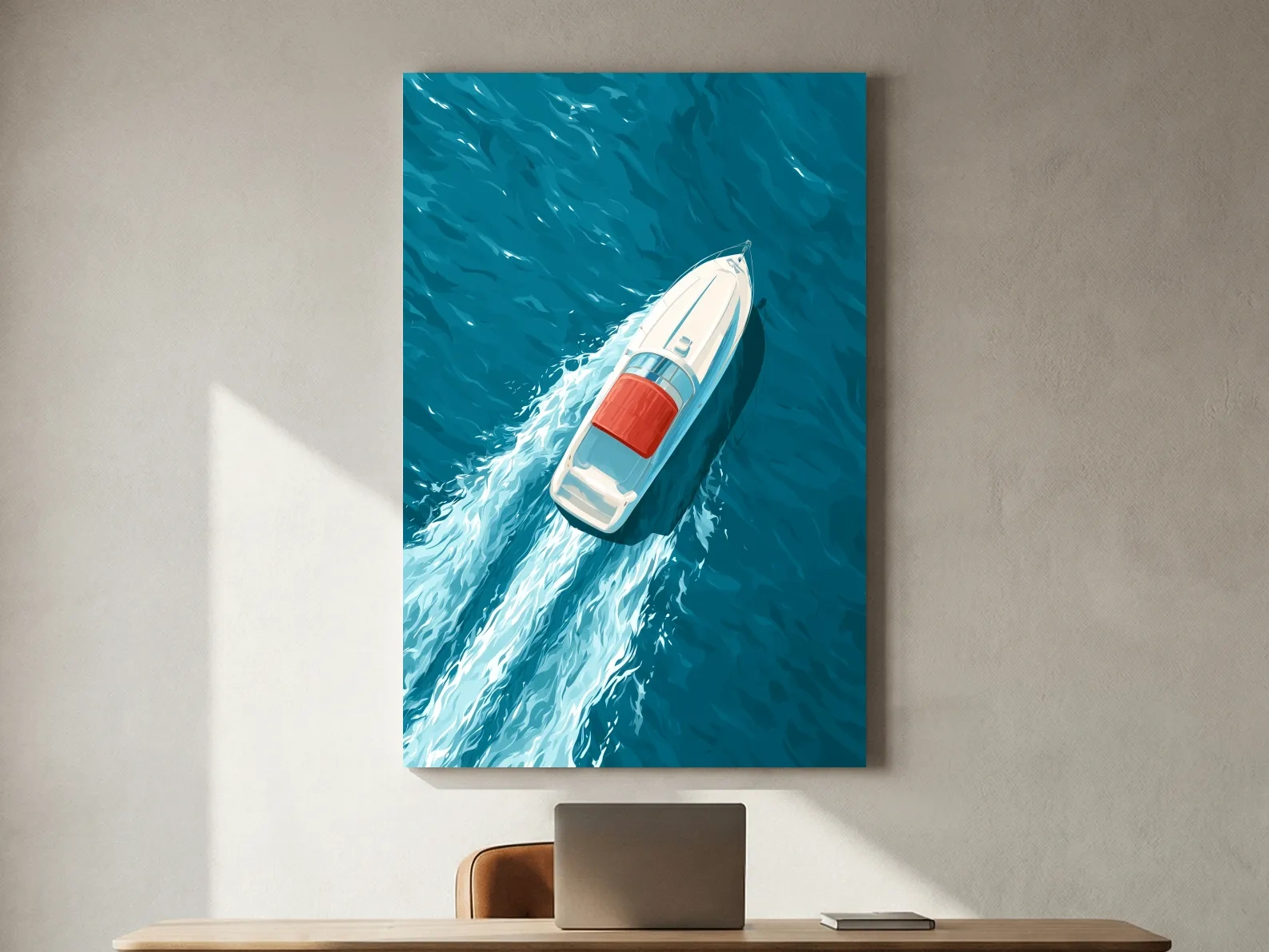 Aerial Speedboat Illustration - Mid-Century Ocean Wall Art