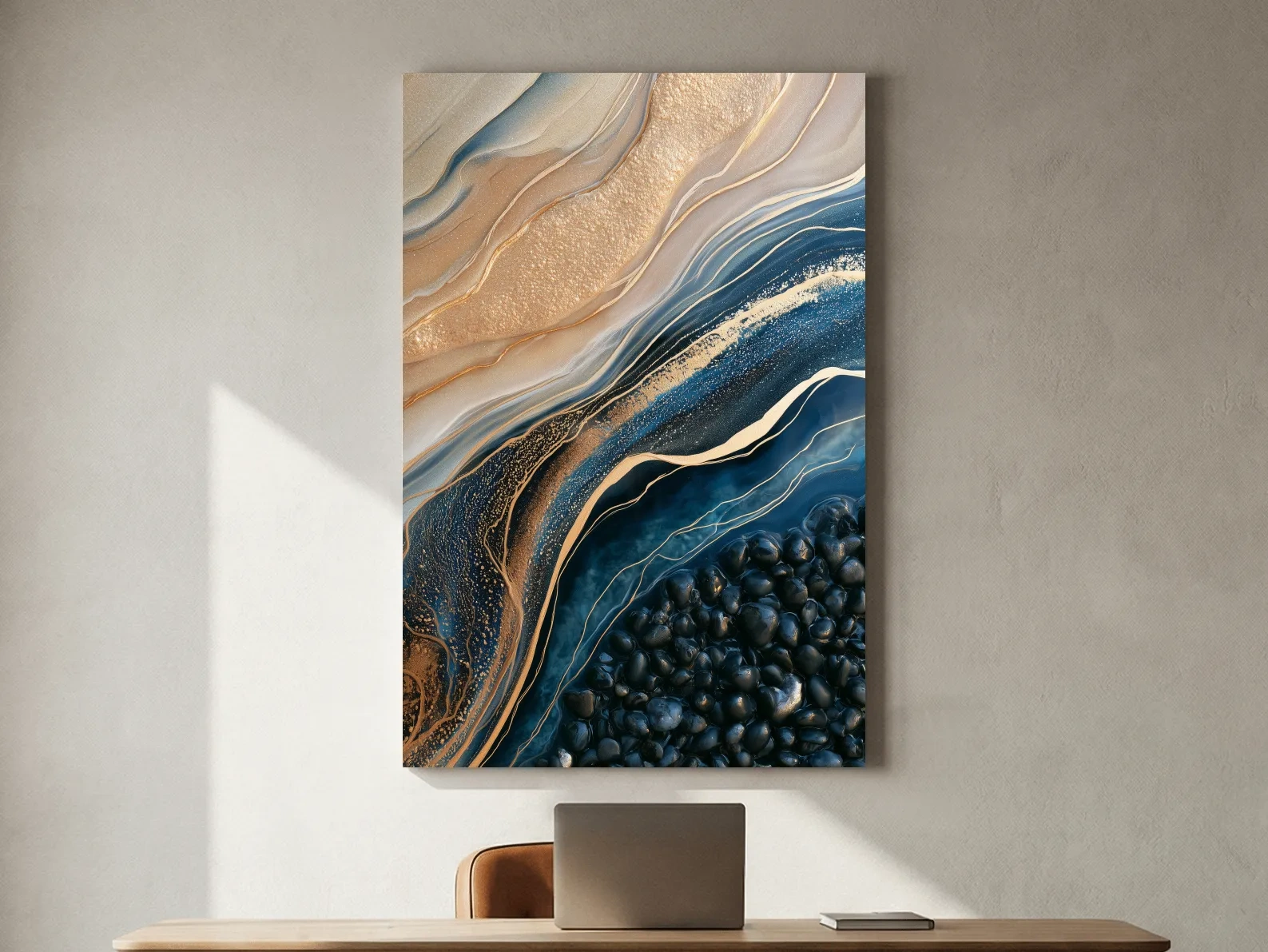 Layered Beach Strata and Pebbles - Abstract Mixed Media Wall Art