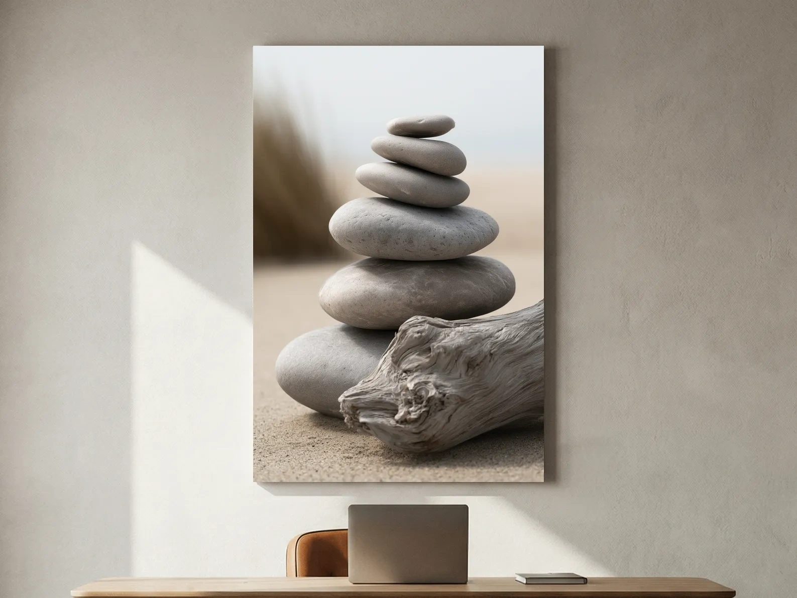 Balanced Pebble Stack With Driftwood - Minimalist Photographic Coastal Wall Art