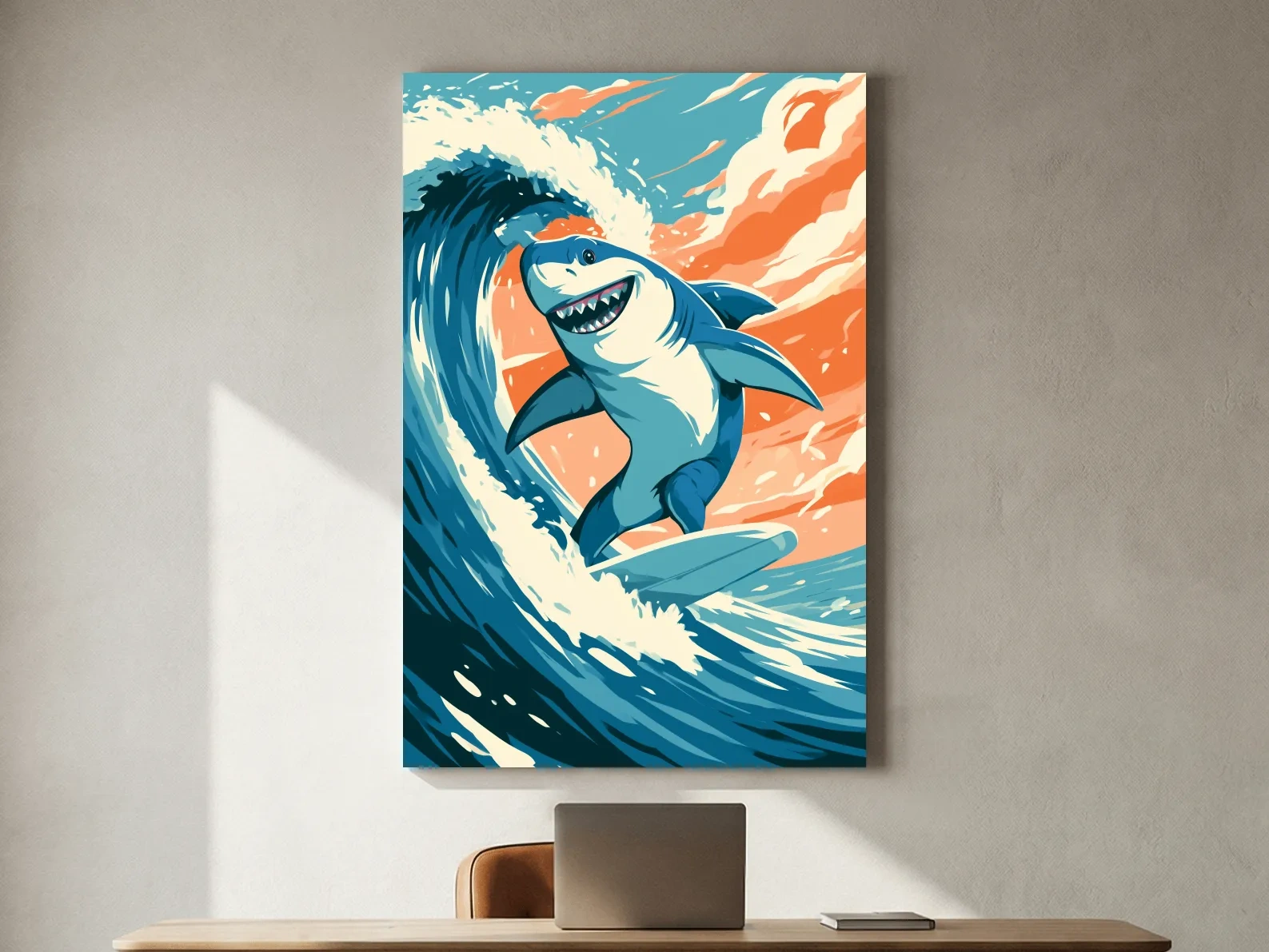 Happy Surfing Shark Vector Illustration - Quirky Marine Life Wall Art