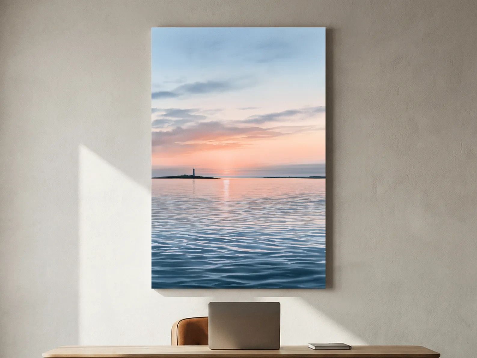 Serene Lighthouse Sunset Seascape - Minimalist Watercolour Wall Art