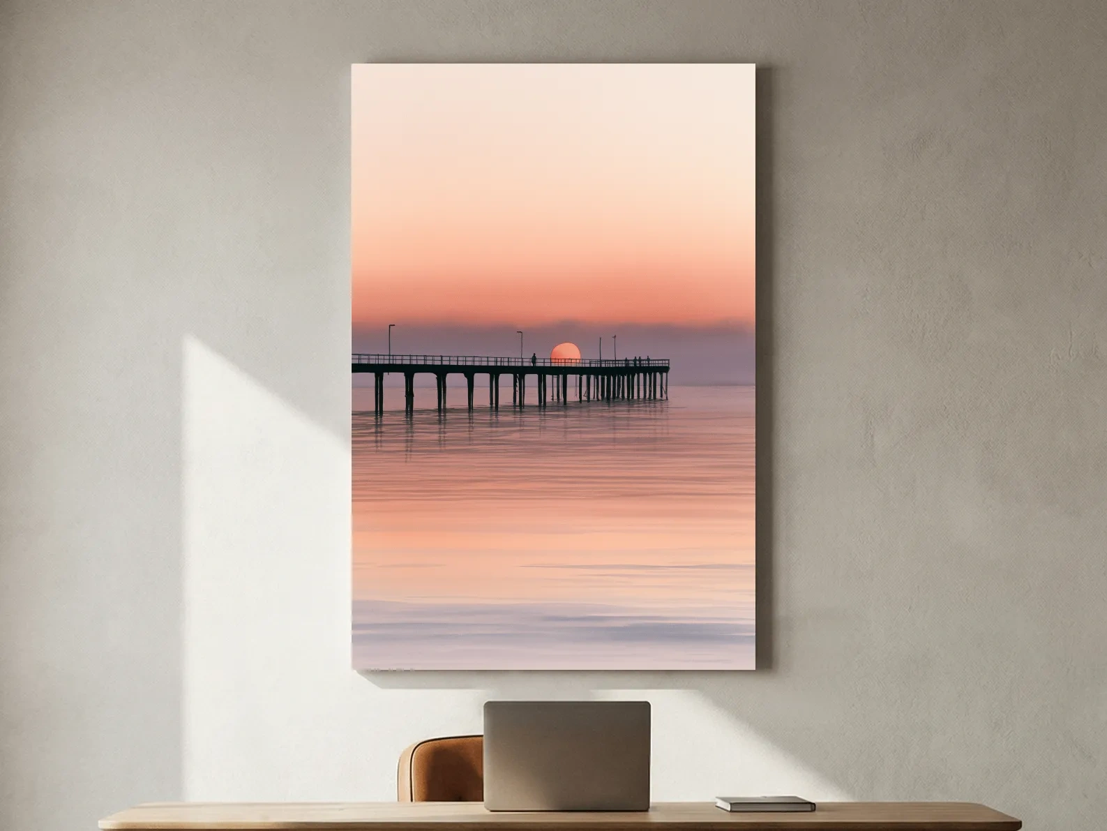 Sunset Pier Silhouette Watercolour - Tranquil Ocean Horizon Wall Art