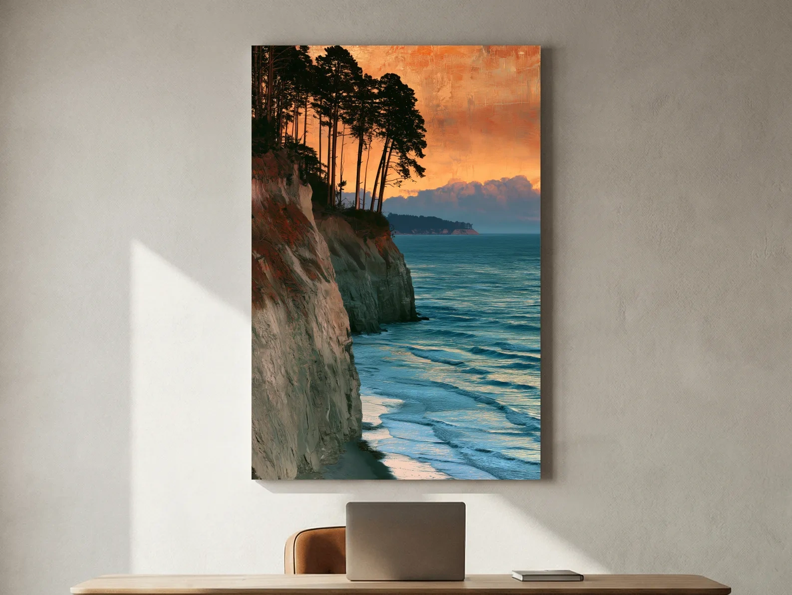 Sunset Coastal Cliffs And Pine Trees - Abstract Illustration Wall Art