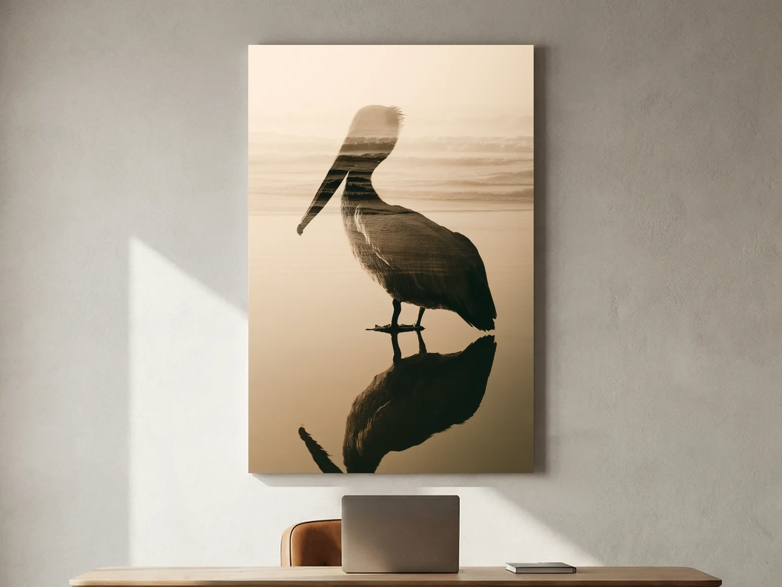 Pelican Double Exposure Silhouette - Minimalist Beach Photographic Wall Art