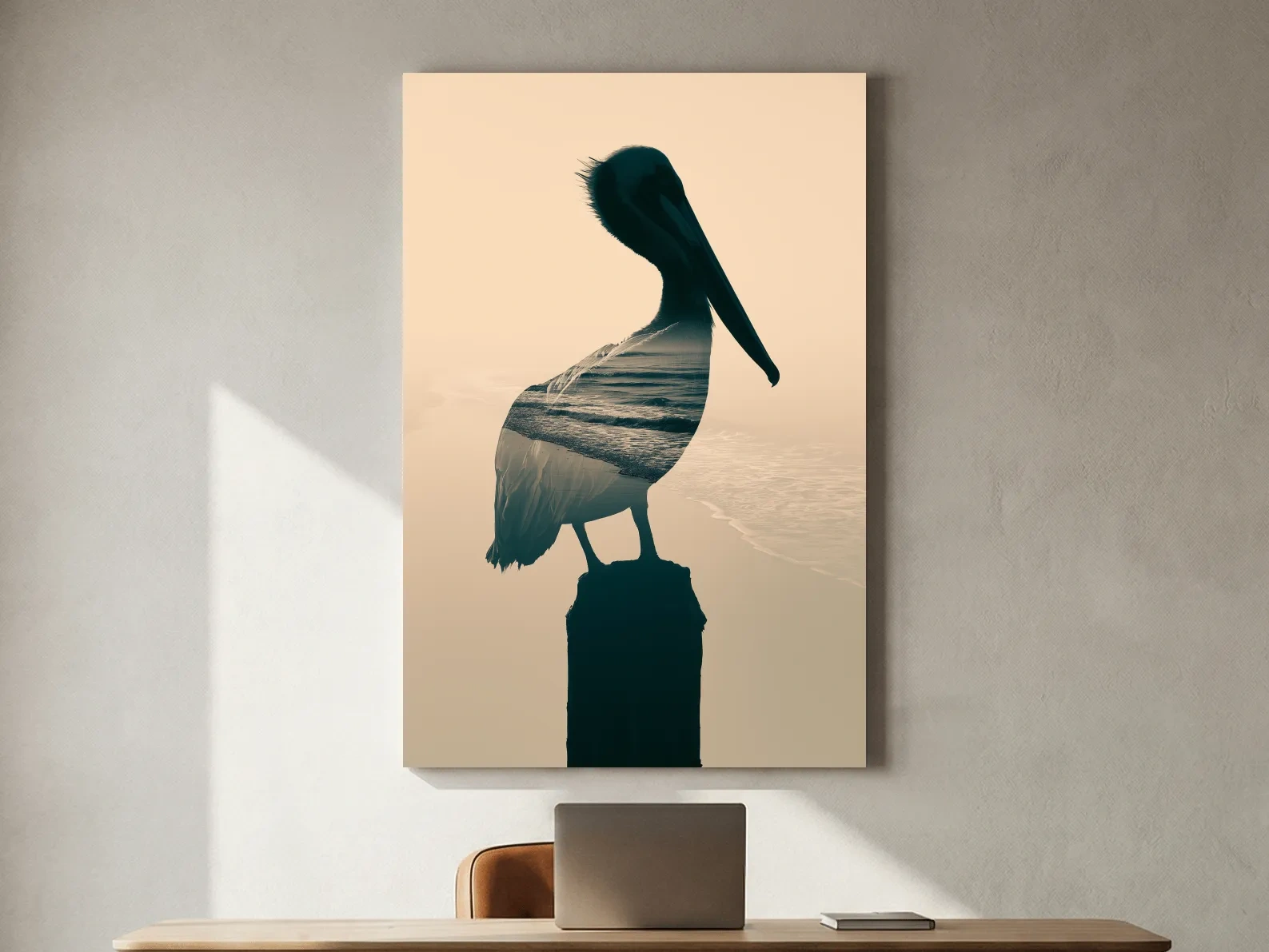 Pelican Double Exposure Silhouette - Minimalist Beach Photographic Wall Art