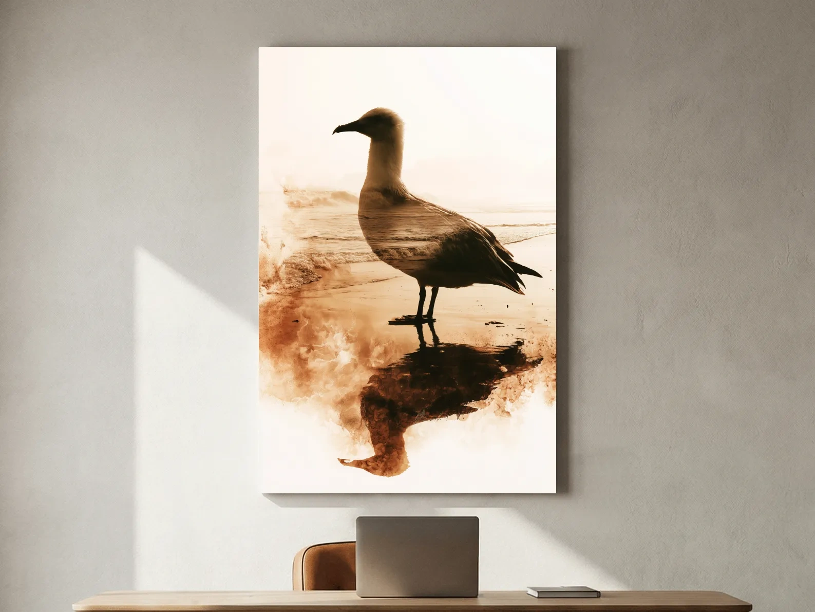 Seagull Double Exposure Beach Silhouette - Minimalist Photographic Wall Art
