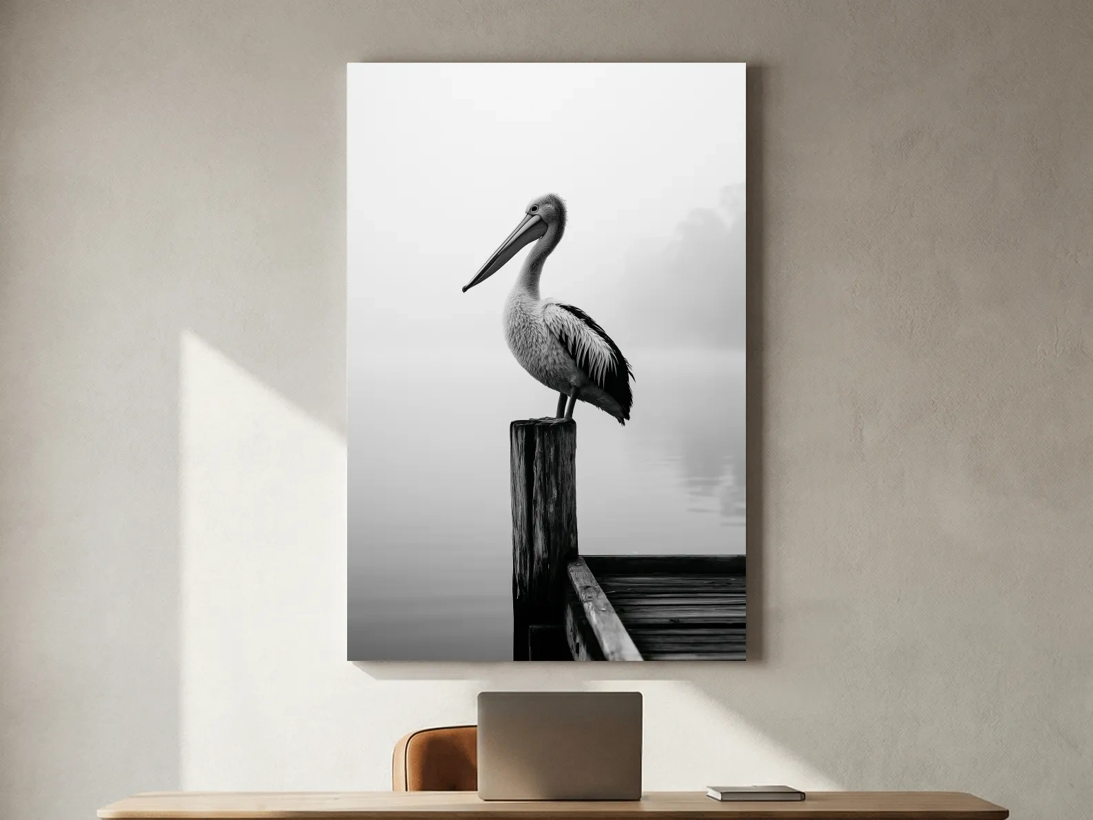 Misty Pelican On Pier - Minimalist Photographic Wall Art