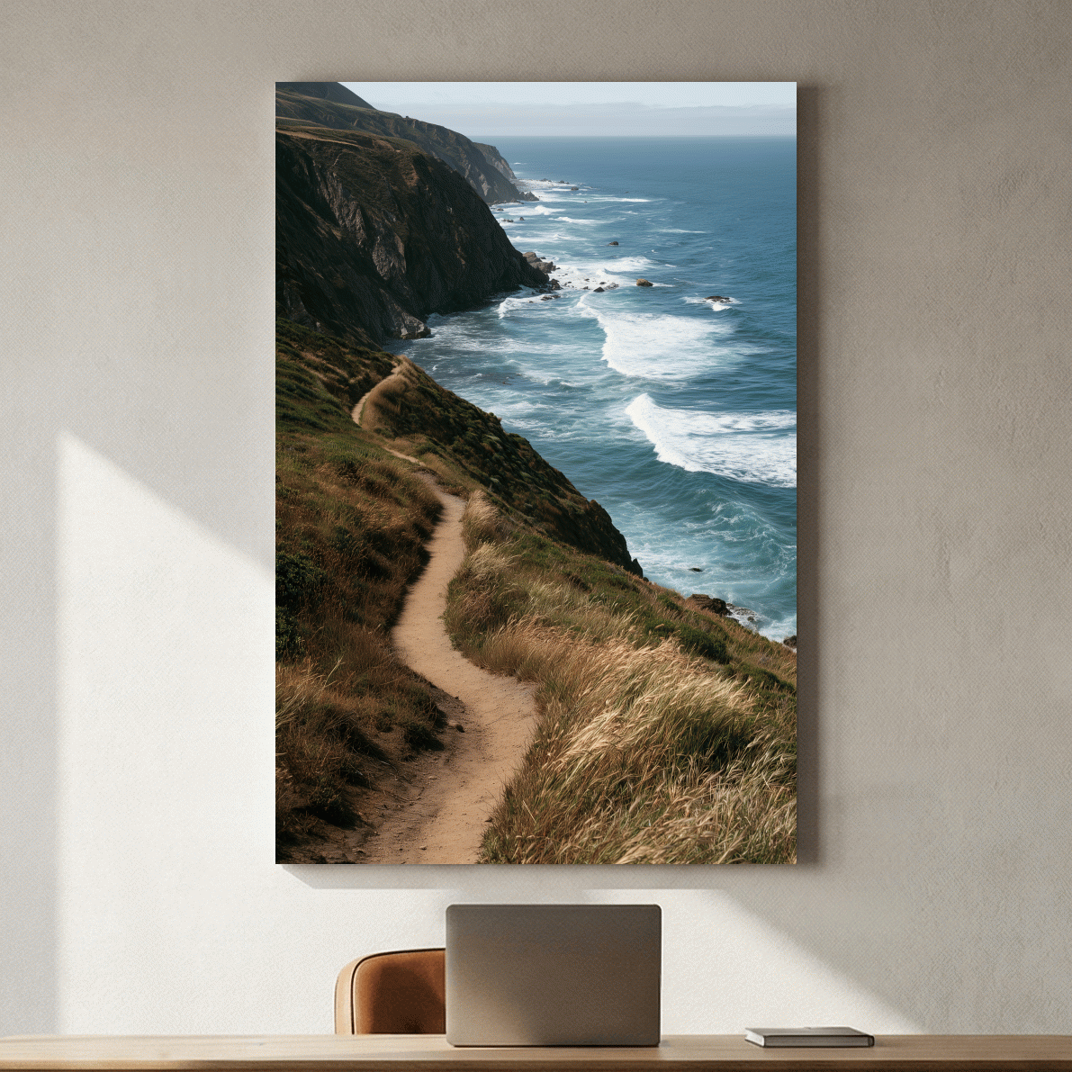 Misty Coastal Hiking Trail - Dramatic Cliffside Photographic Wall Art