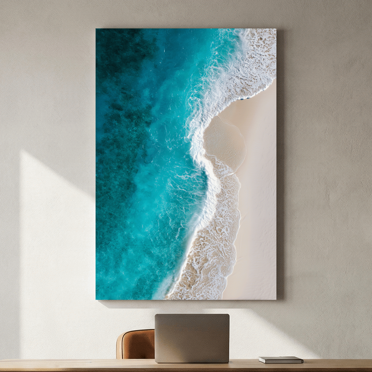 Aerial Tropical Shoreline Waves - Serene Beach Drone Photographic Wall Art