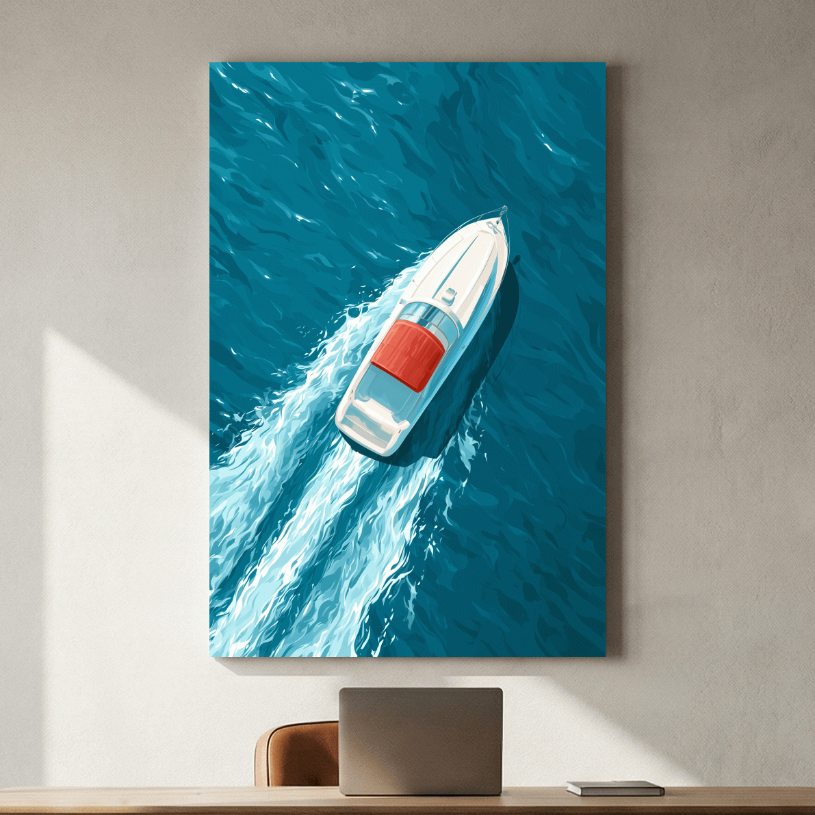 Aerial Speedboat Illustration - Mid-Century Ocean Wall Art