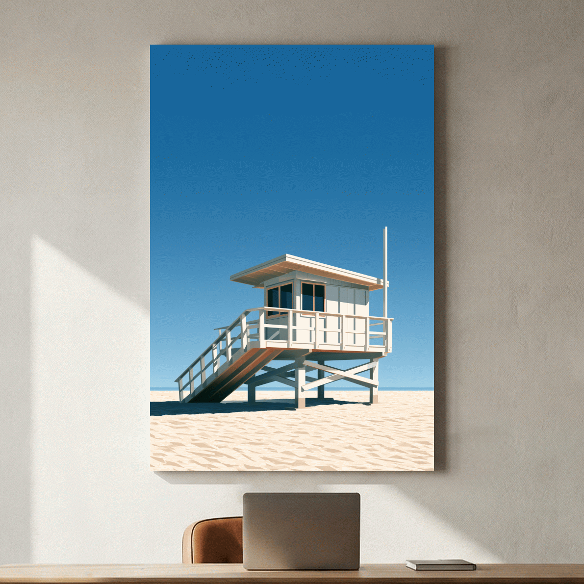 Mid-Century Beach Lifeguard Tower - Minimalist Vector Wall Art