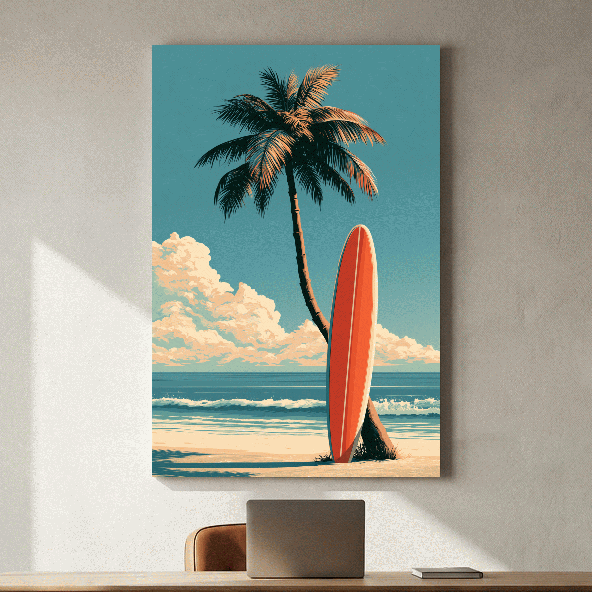 Vintage Surfboard on Palm Beach - Retro Coastal Wall Art