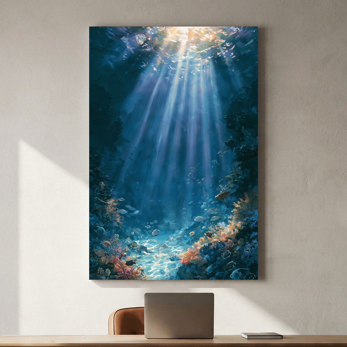 Sunlit Coral Reef Marine Life - Underwater Painting Wall Art