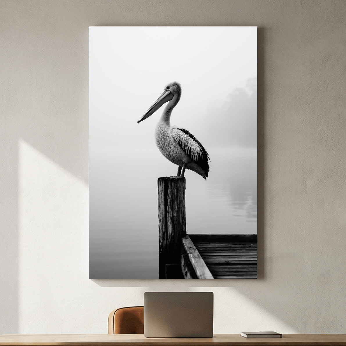 Misty Pelican On Pier - Minimalist Photographic Wall Art