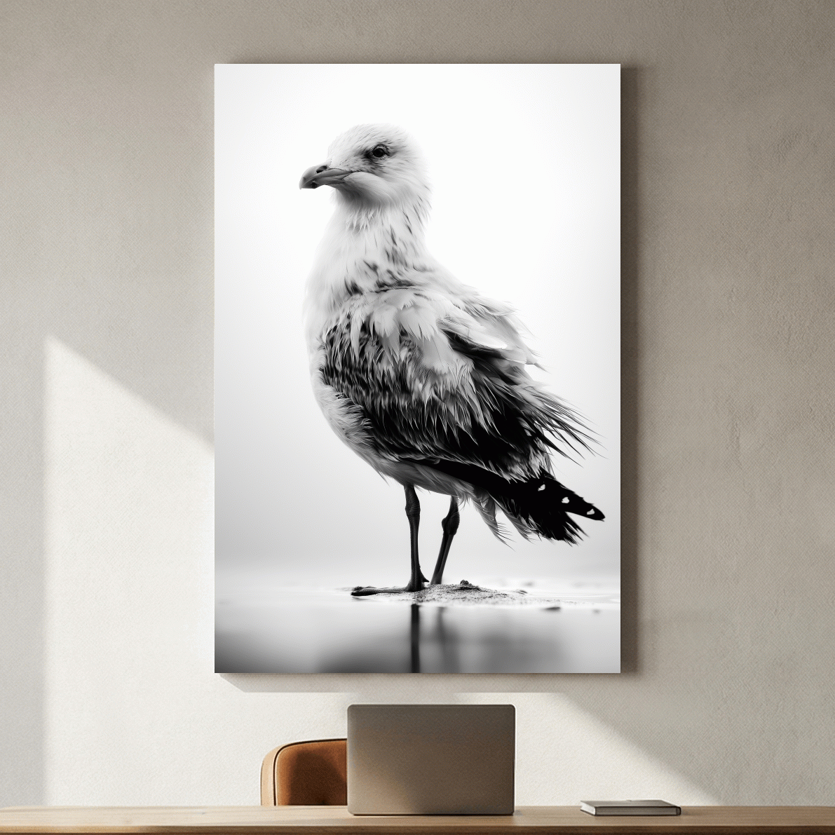 Misty Seagull Portrait - Minimalist Photographic Beach Wall Art