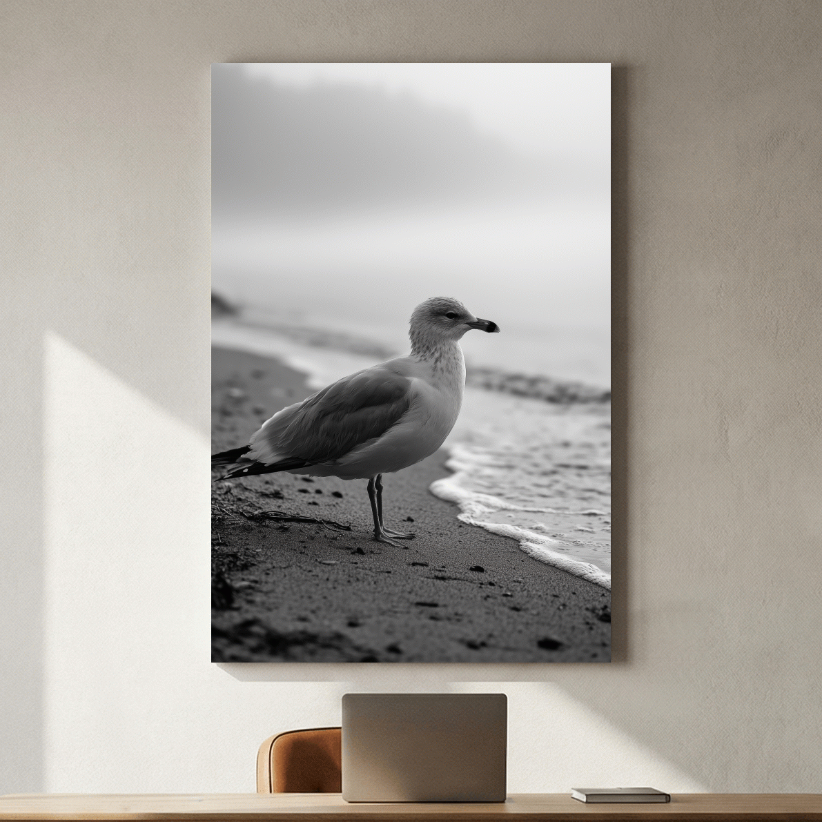Misty Seagull Beach Scene - Minimalist Photographic Wall Art