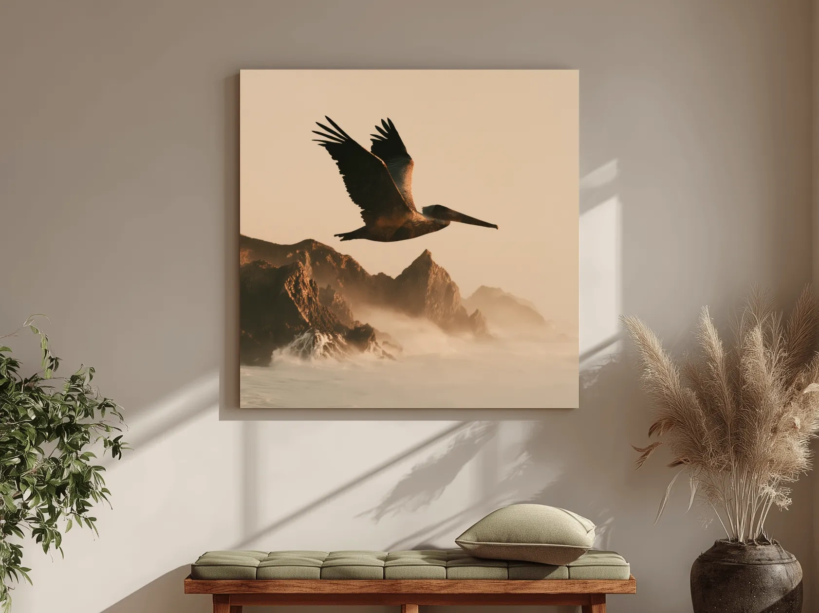 Majestic Pelican Silhouette Over Misty Coastline - Photographic Style Wall Art