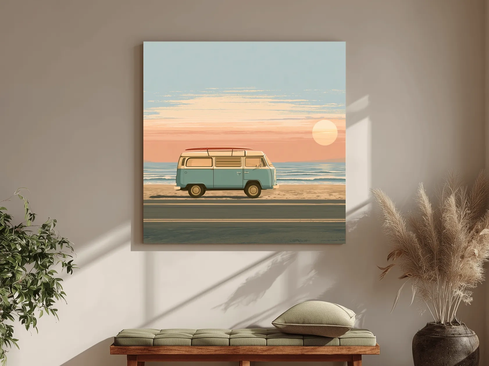 Vintage 1970s Beach Camper Van - Retro Coastal Vector Wall Art