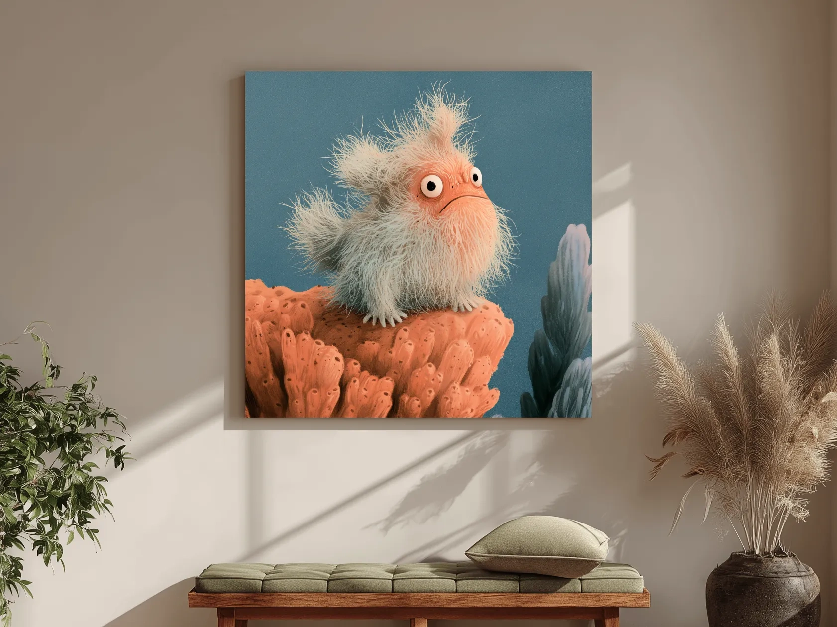 Whimsical Scandi Furry Frogfish Painting - Quirky Marine Life Wall Art