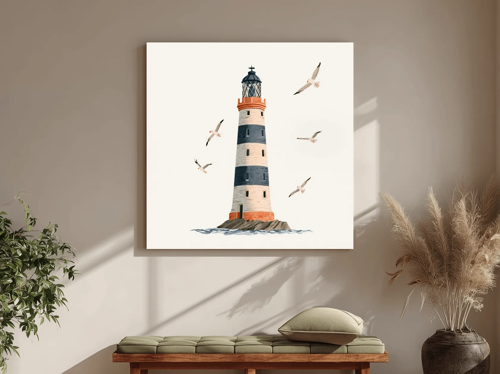 Whimsical Scandi Lighthouse Painting - Coastal Seagull Wall Art