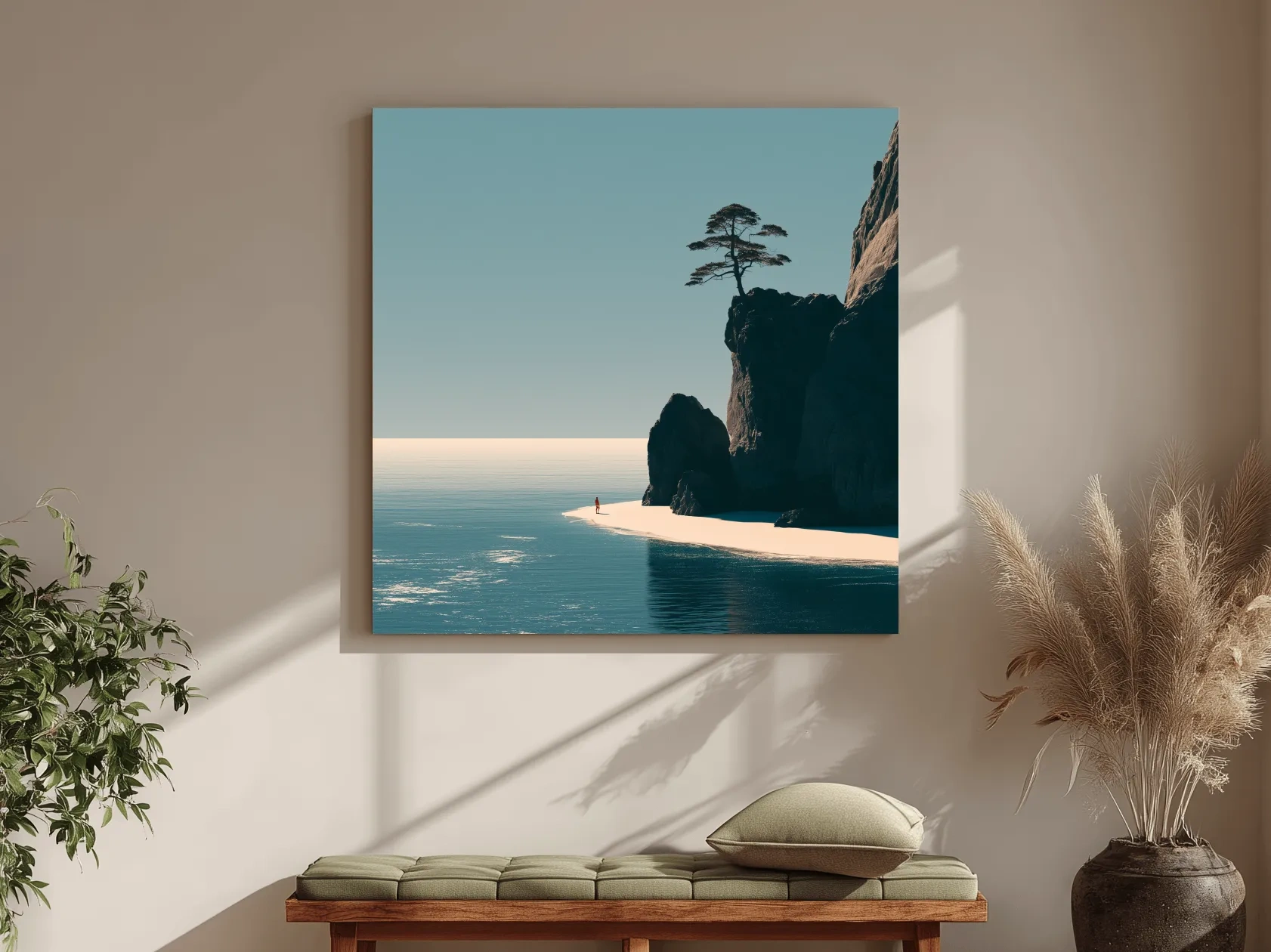 Minimalist Tropical Cliff Beach Illustration - Mid-Century Coastal Wall Art
