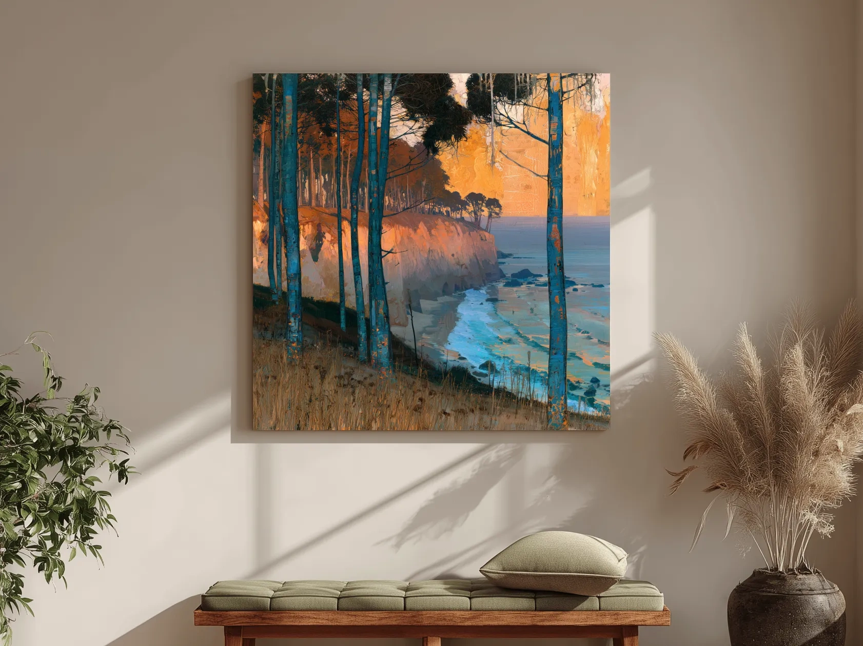Abstract Coastal Cliffs And Pine Trees - Golden Sunset Illustration Wall Art