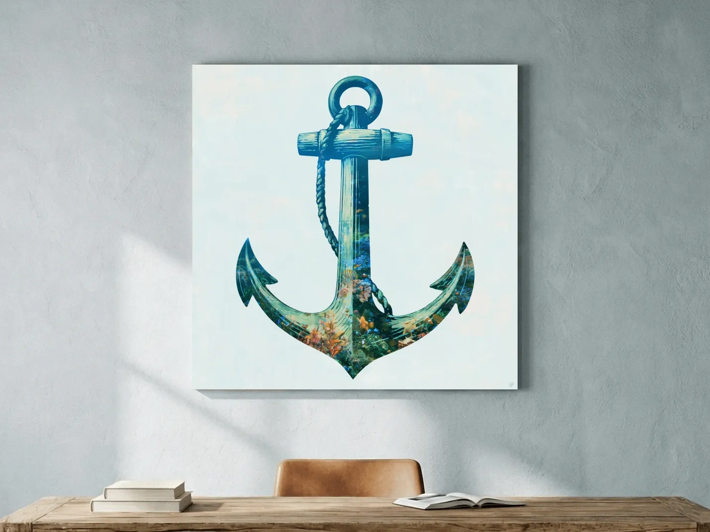 Underwater Anchor Double Exposure - Minimalist Marine Illustration Wall Art