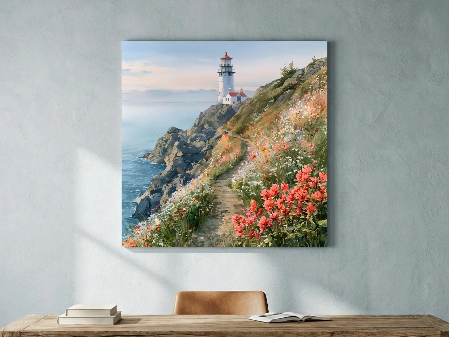 Wildflower Cliff Lighthouse Painting - Serene Coastal Wall Art
