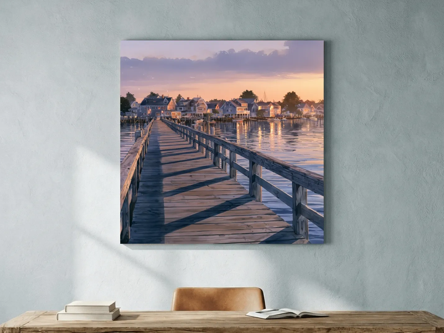 Golden Hour Harbor Boardwalk Painting - Serene Coastal Wall Art