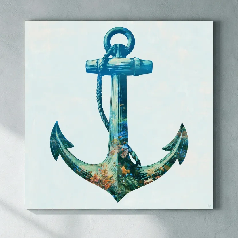 Underwater Anchor Double Exposure - Minimalist Marine Illustration Wall Art