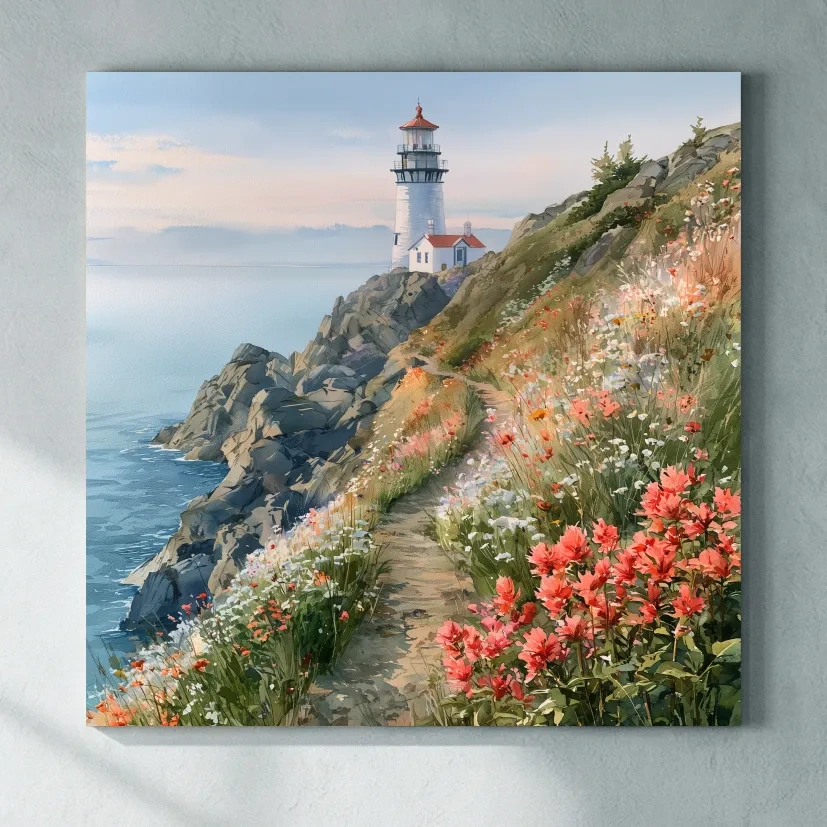Wildflower Cliff Lighthouse Painting - Serene Coastal Wall Art