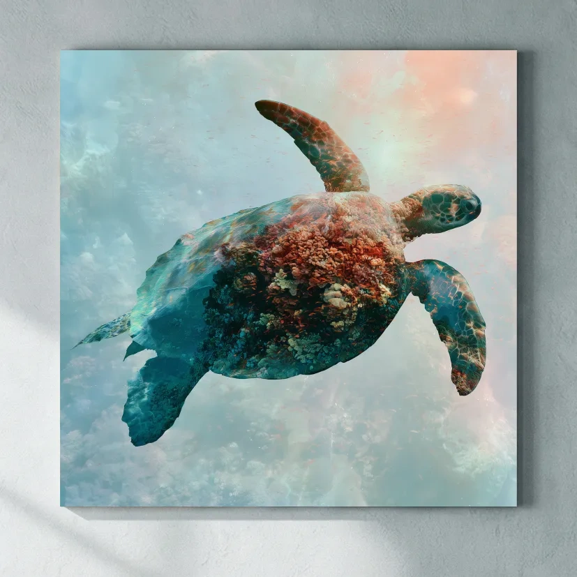 Surreal Sea Turtle Reef Double Exposure - Photographic Marine Life Wall Art