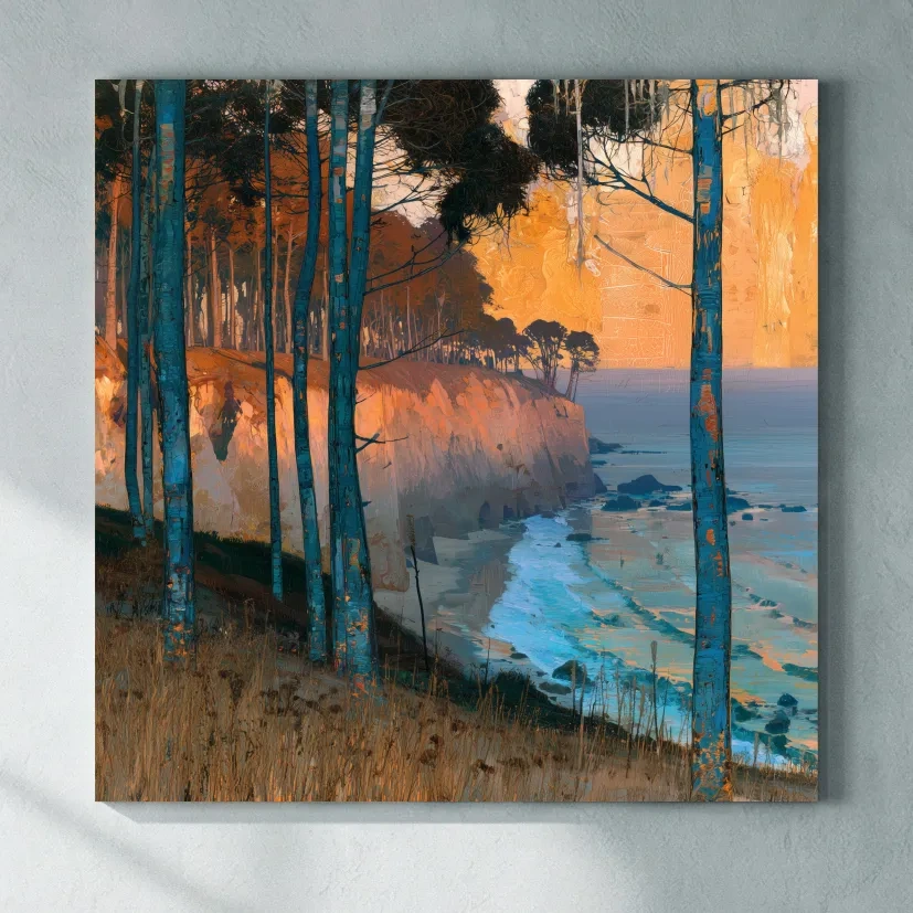 Abstract Coastal Cliffs And Pine Trees - Golden Sunset Illustration Wall Art