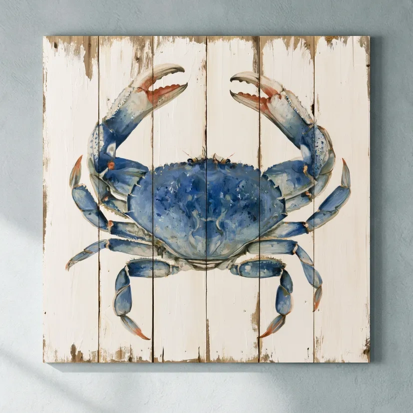 Blue Crab Painting on Wood Effect - Rustic Coastal Marine Life Wall Art