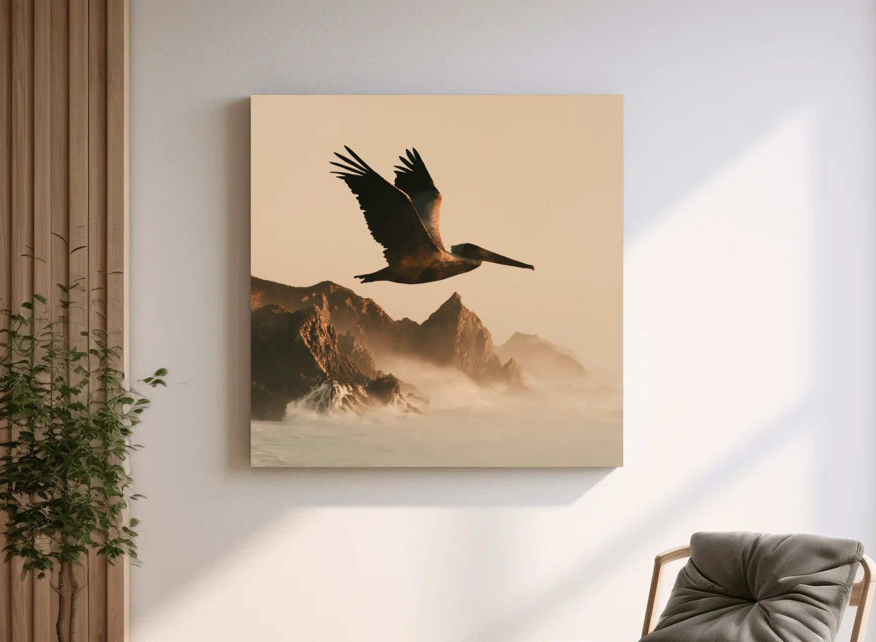 Majestic Pelican Silhouette Over Misty Coastline - Photographic Style Wall Art
