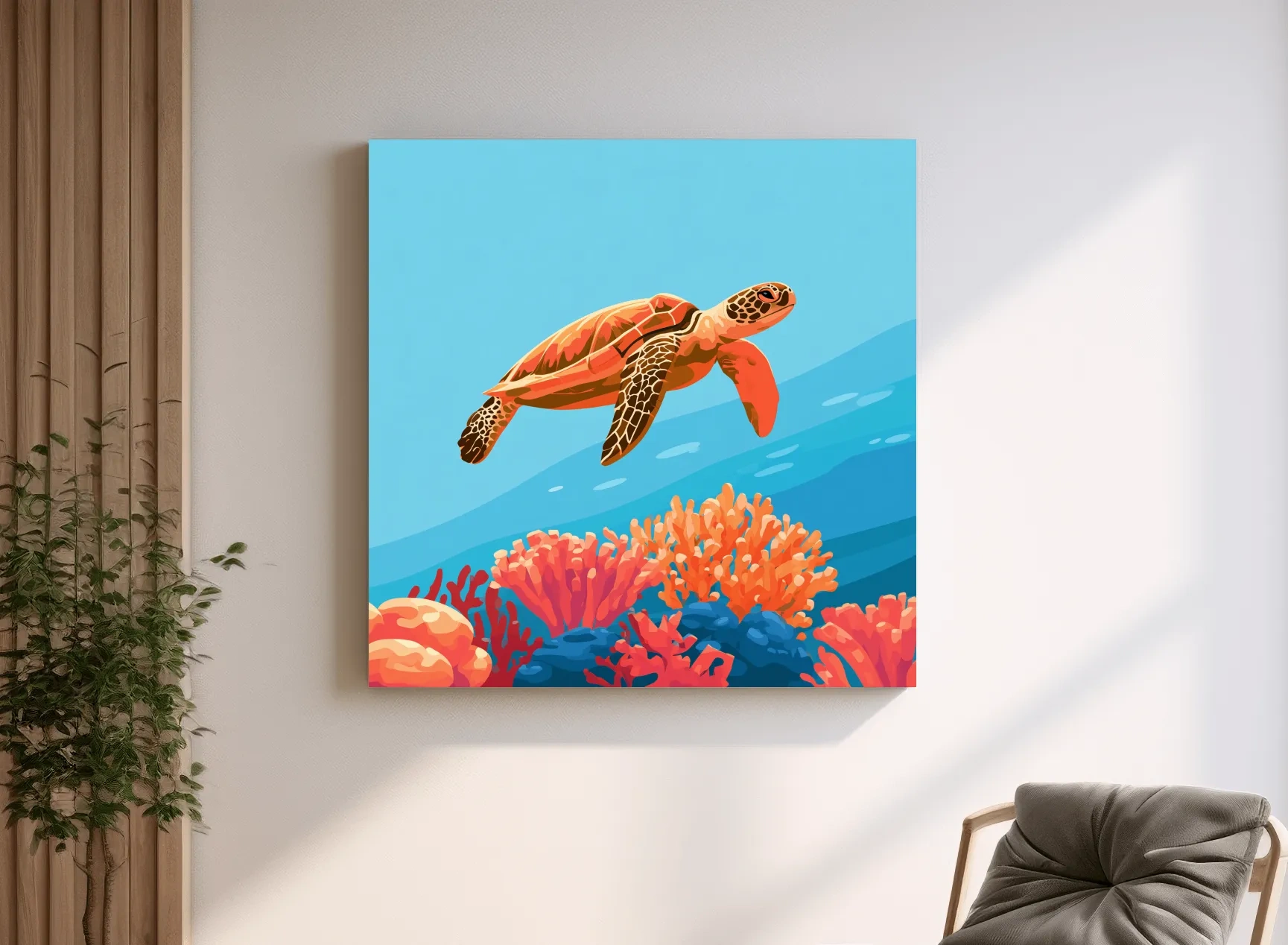 Mid-Century Sea Turtle Reef - Minimalist Vector Marine Life Art
