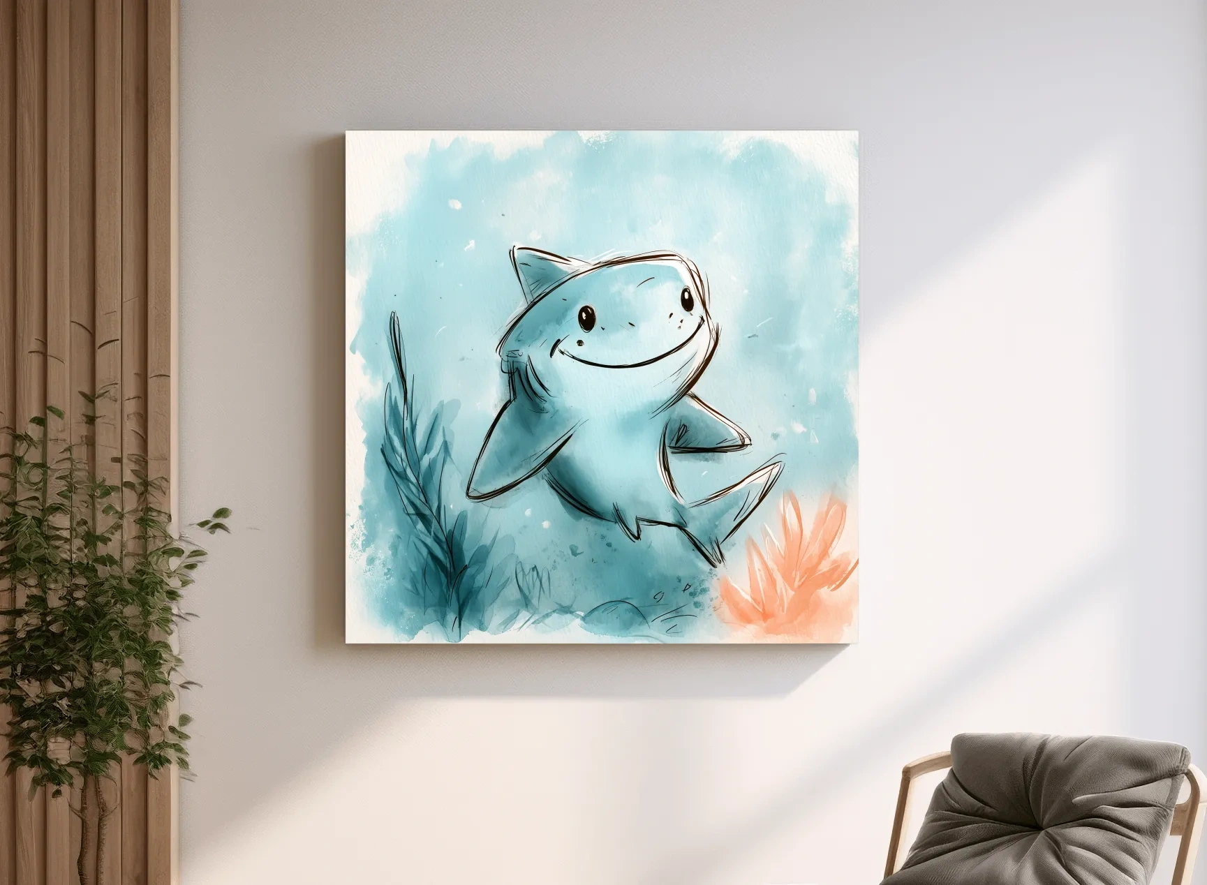 Cute Happy Shark Watercolour Illustration - Underwater Nursery Marine Life Art