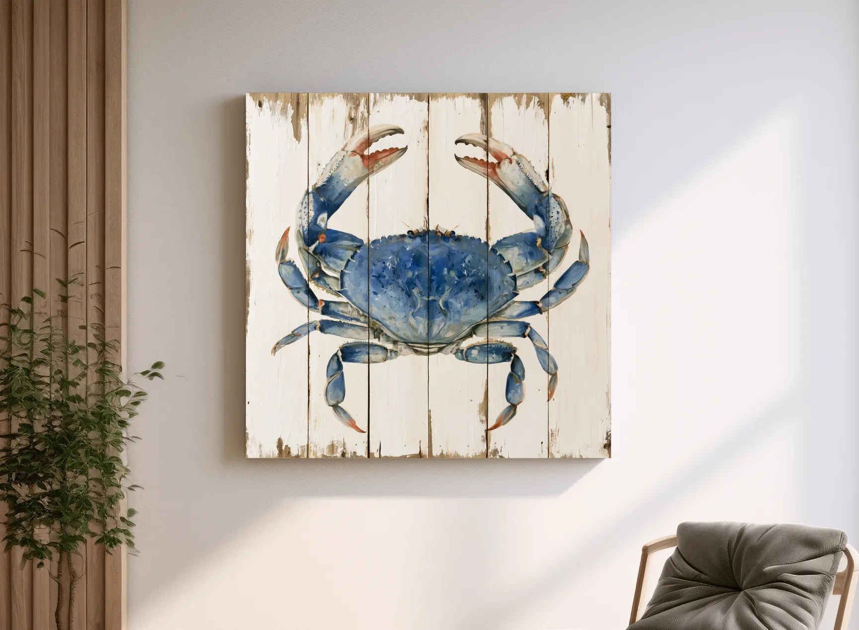 Blue Crab Painting on Wood Effect - Rustic Coastal Marine Life Wall Art