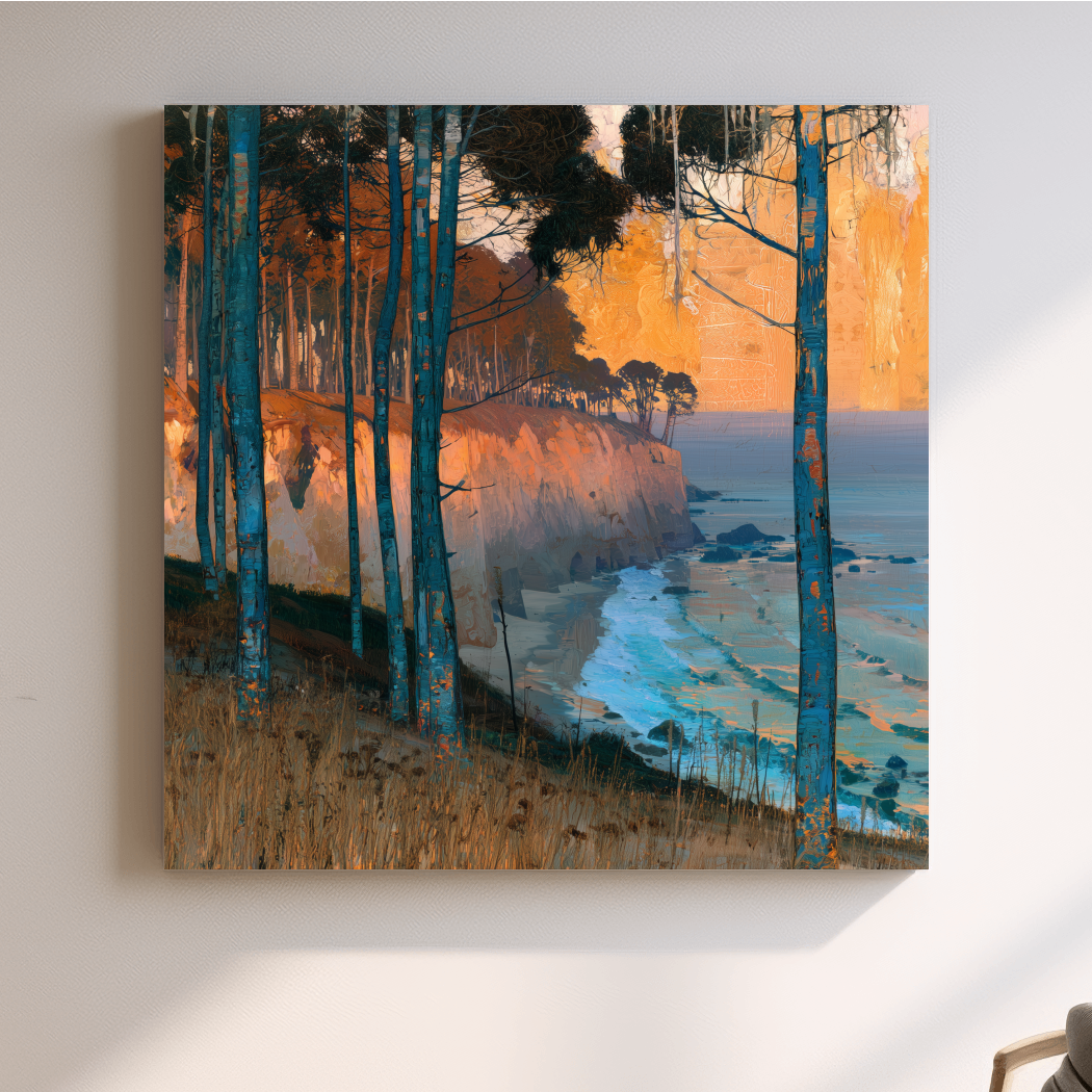 Abstract Coastal Cliffs And Pine Trees - Golden Sunset Illustration Wall Art