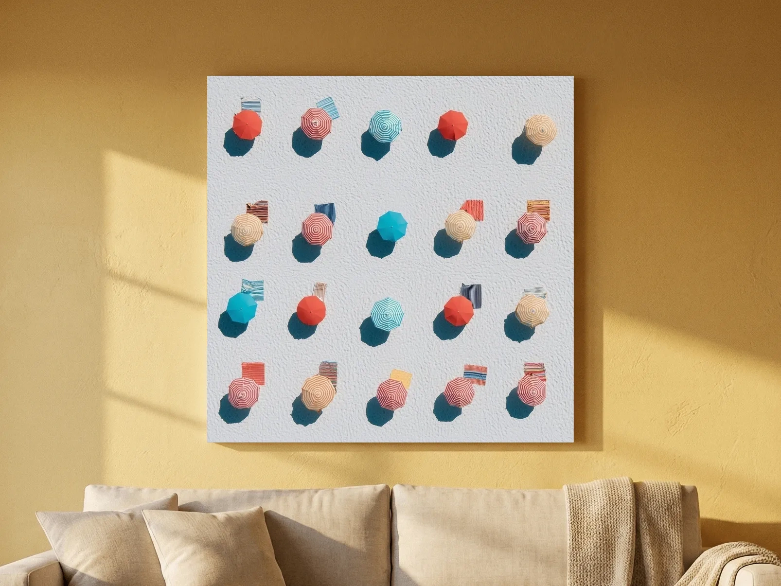 Geometric Beach Umbrellas Aerial Painting - Abstract Coastal Wall Art
