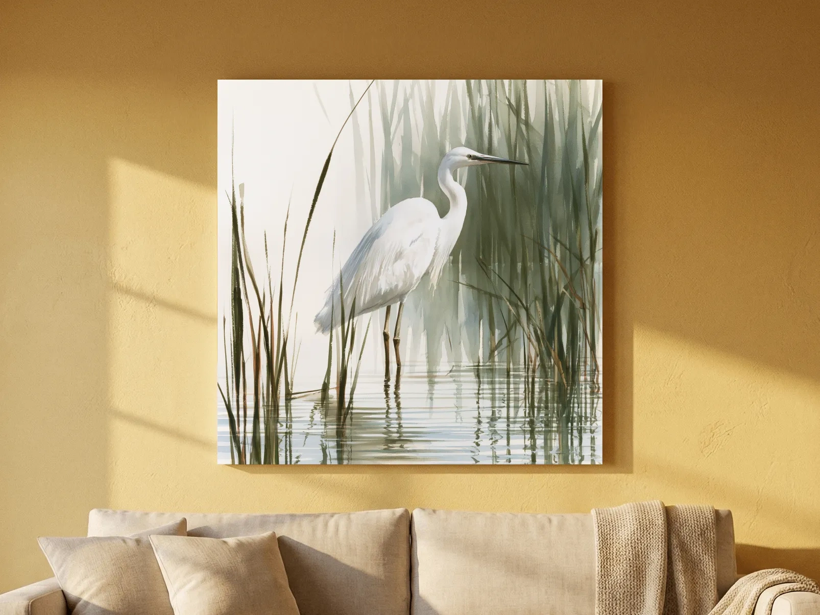 Serene White Heron Watercolor - Marsh Bird Wall Art