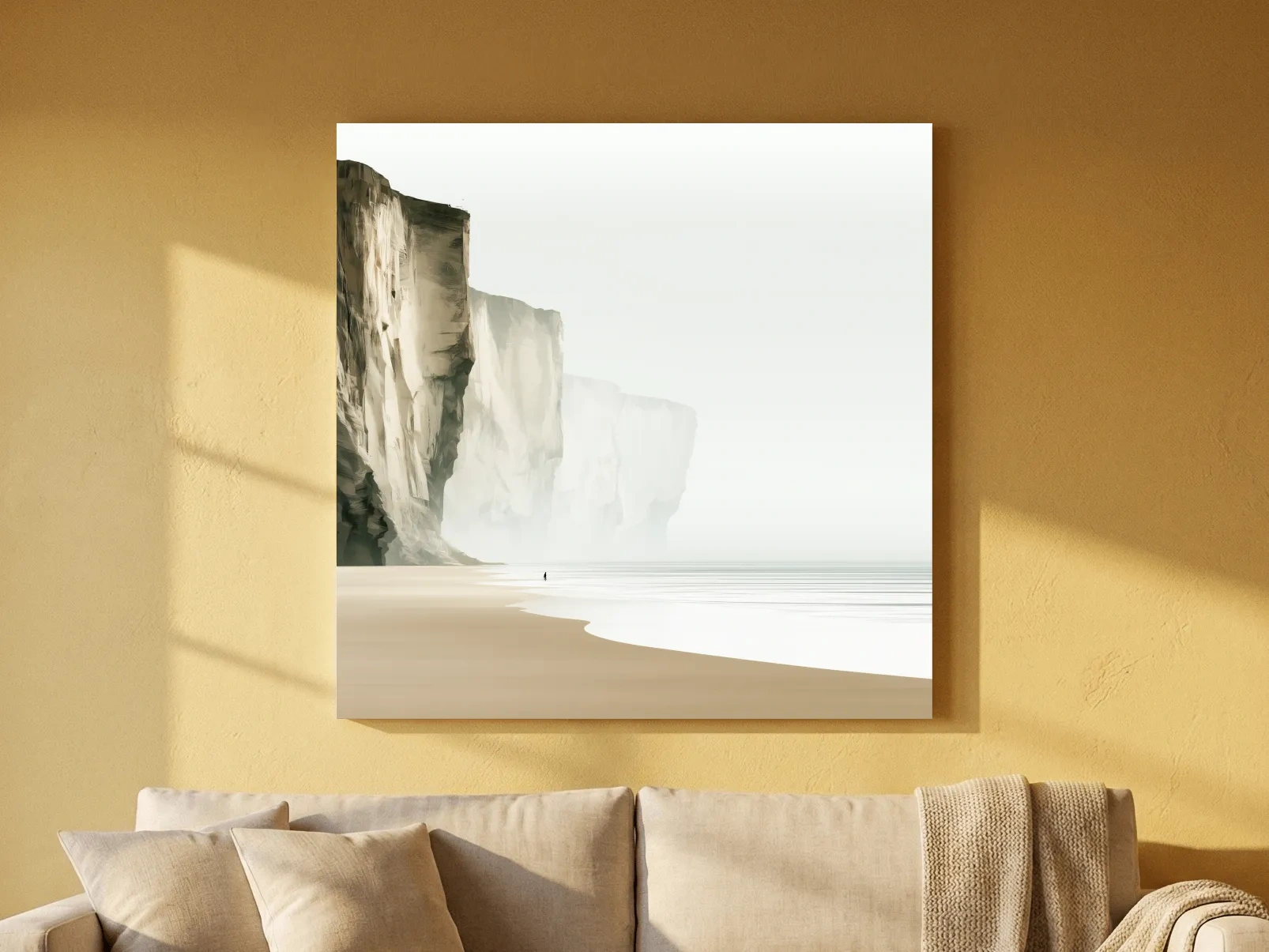 Misty Coastal Cliffs Beach Illustration - Minimalist Landscape Wall Art