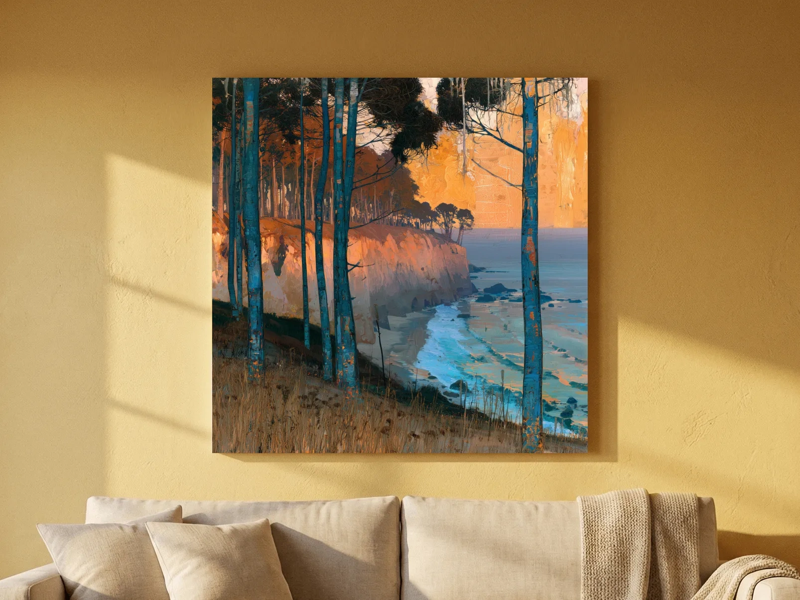 Abstract Coastal Cliffs And Pine Trees - Golden Sunset Illustration Wall Art