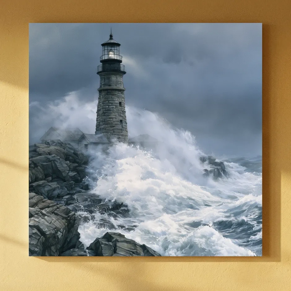 Stormy Lighthouse Seascape Painting - Dramatic Ocean Wall Art