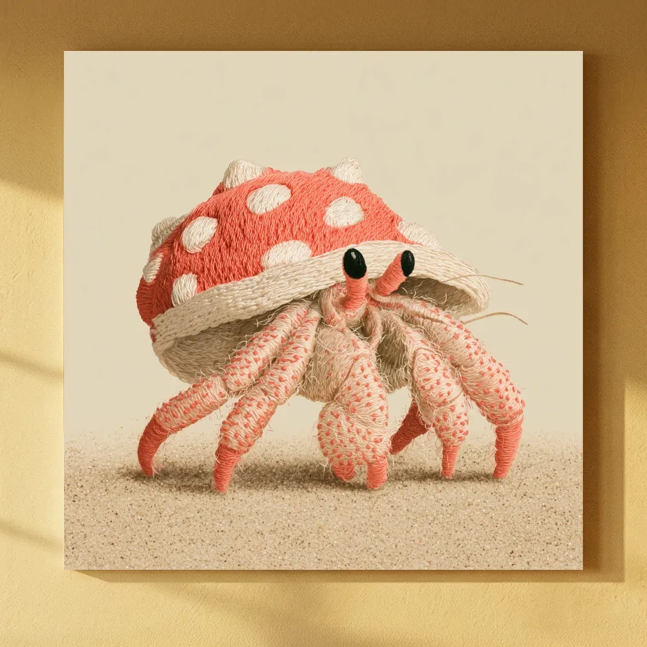 Cute Embroidered Hermit Crab Illustration - Whimsical Marine Life Art