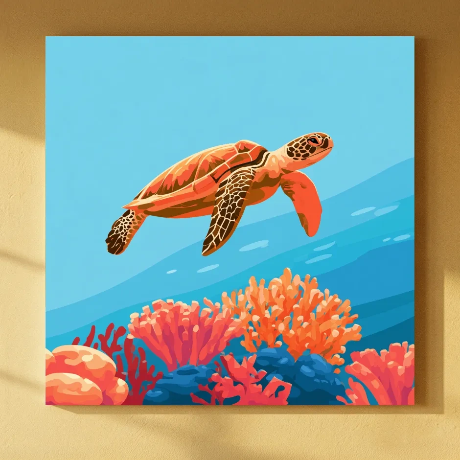 Mid-Century Sea Turtle Reef - Minimalist Vector Marine Life Art